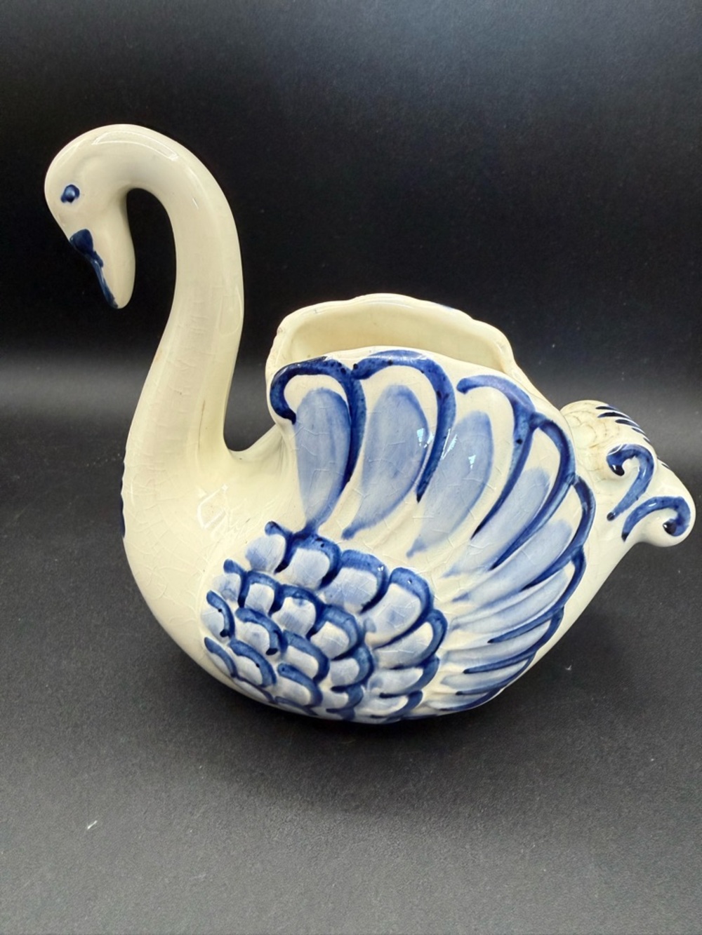 Vintage swan-shaped vase, Hand Painted Delfts Blauw Delft Blue Planter Vase